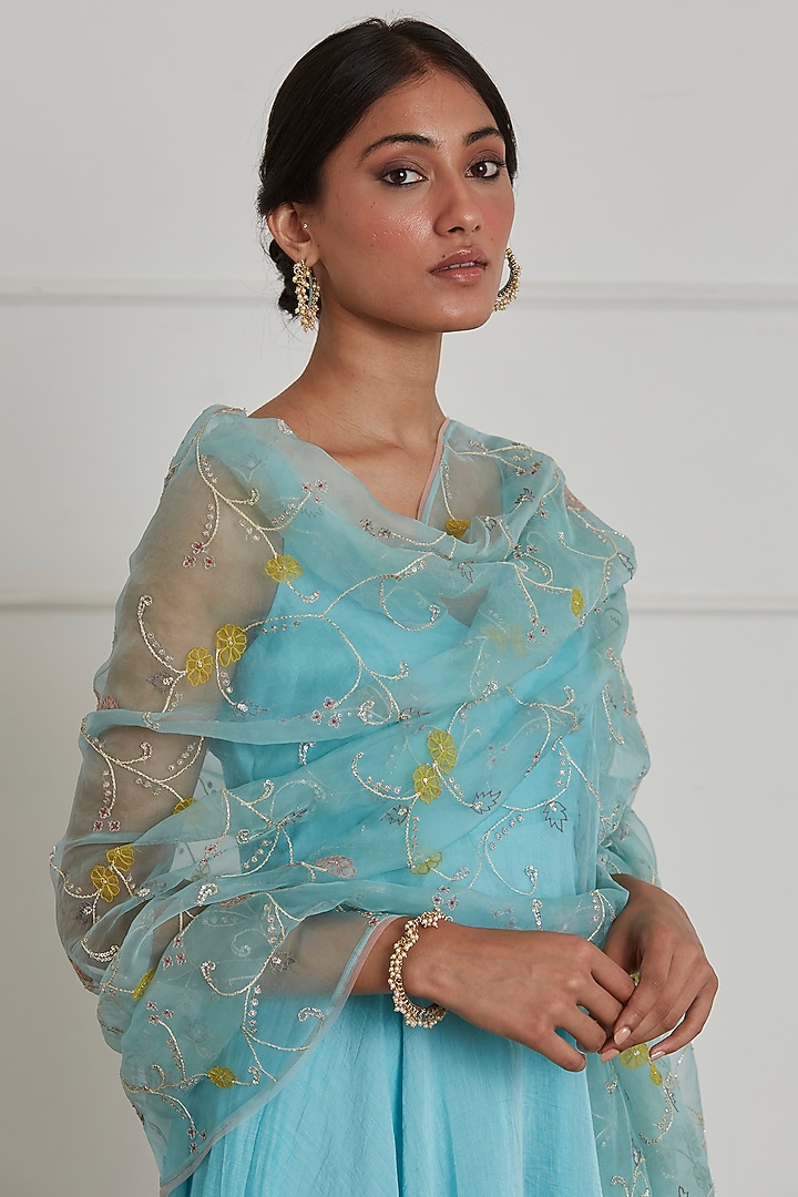 Turquoise Chanderi Party Wear Anarkali Set by Label Nimbus at Pernia's Pop Up Shop