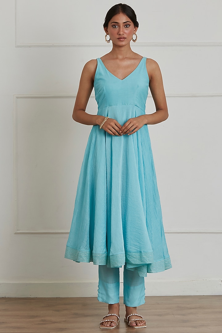 Turquoise Chanderi Party Wear Anarkali Set by Label Nimbus at Pernia's Pop Up Shop
