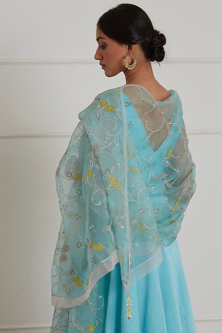 Turquoise Chanderi Party Wear Anarkali Set by Label Nimbus at Pernia's Pop Up Shop