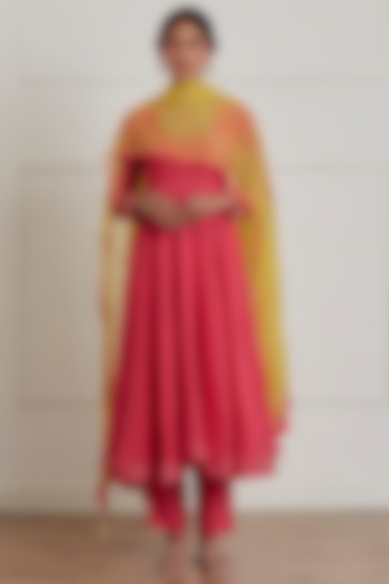 Fuchsia Pink Chanderi Silk Anarkali Set by Label Nimbus