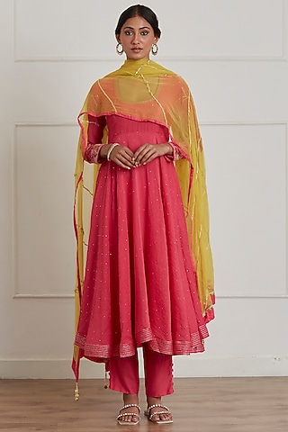 Fuchsia Pink Chanderi Silk Anarkali Set by Label Nimbus