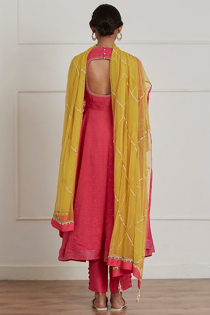 Fuchsia Pink Chanderi Silk Party Wear Anarkali Set by Label Nimbus at Pernia's Pop Up Shop