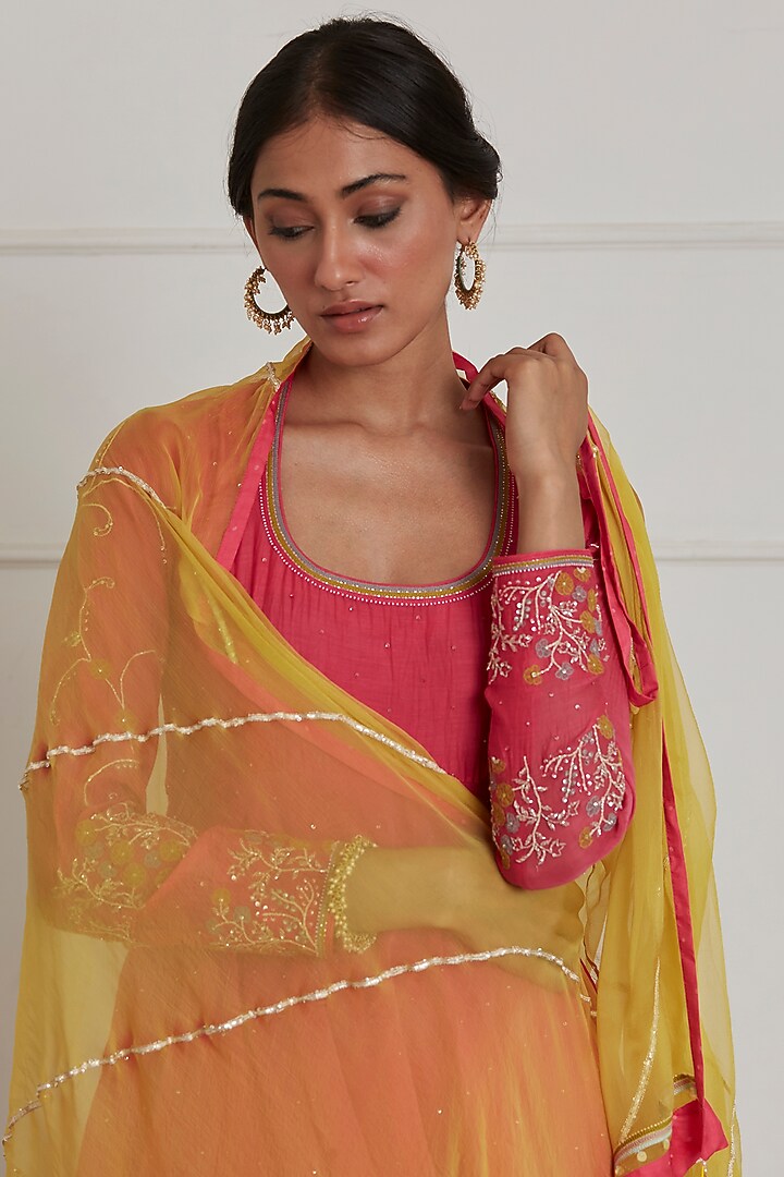Fuchsia Pink Chanderi Silk Party Wear Anarkali Set by Label Nimbus at Pernia's Pop Up Shop