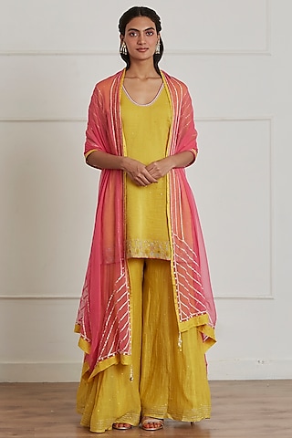 Mustard Yellow Chanderi Silk Sharara Set by Label Nimbus