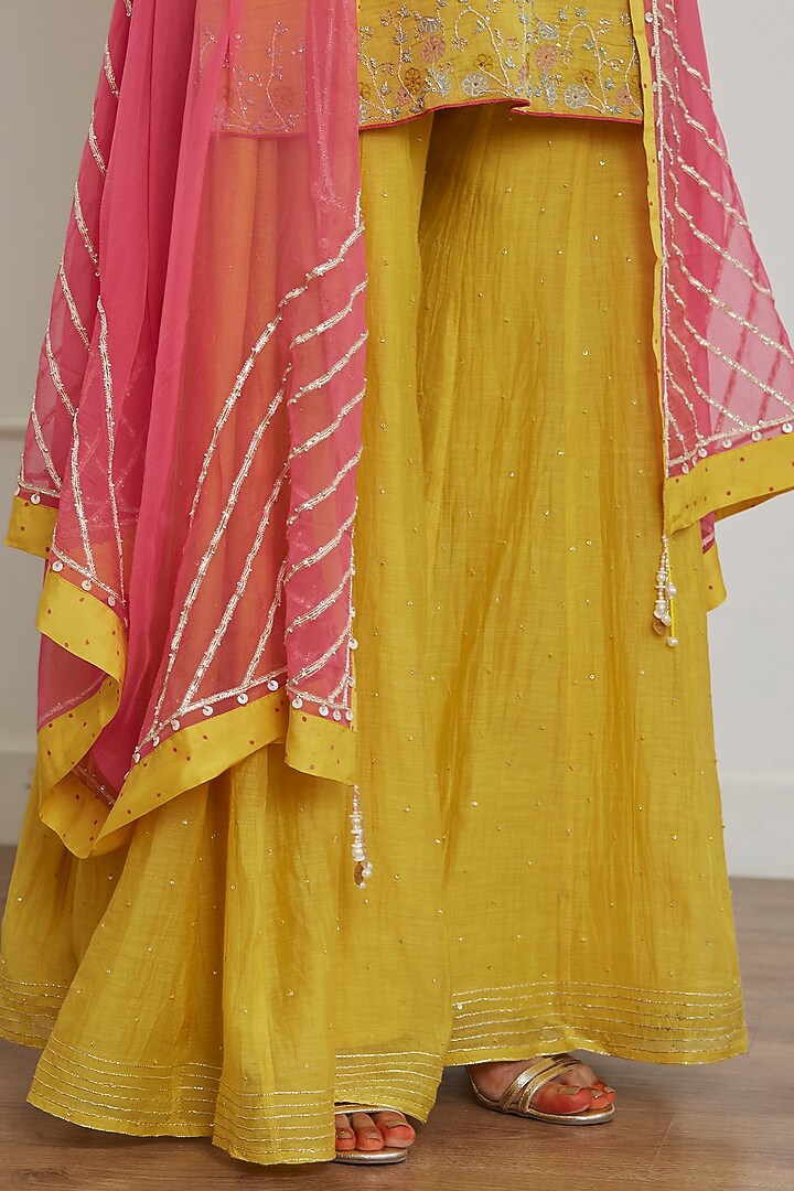 Mustard Yellow Chanderi Silk Party Wear Sharara Set by Label Nimbus at Pernia's Pop Up Shop