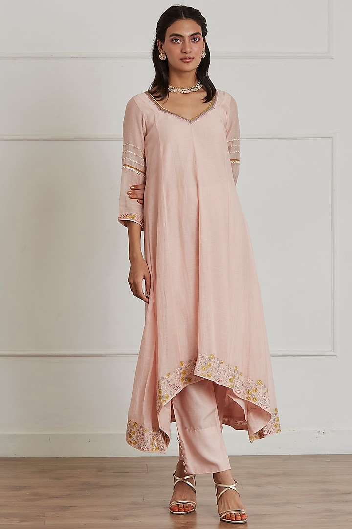 Rose Pink Chanderi Embroidered Anarkali Set by Label Nimbus