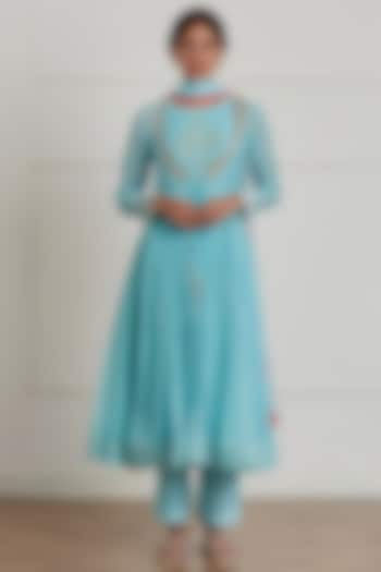 Turquoise Embroidered Anarkali Set With Jacket by Label Nimbus at Pernia's Pop Up Shop