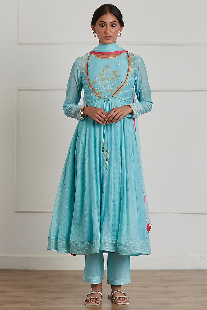 Turquoise Embroidered Anarkali Set With Jacket by Label Nimbus at Pernia's Pop Up Shop