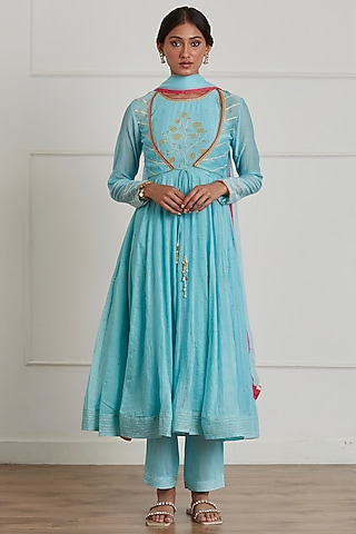 Turquoise Embroidered Anarkali Set With Jacket by Label Nimbus