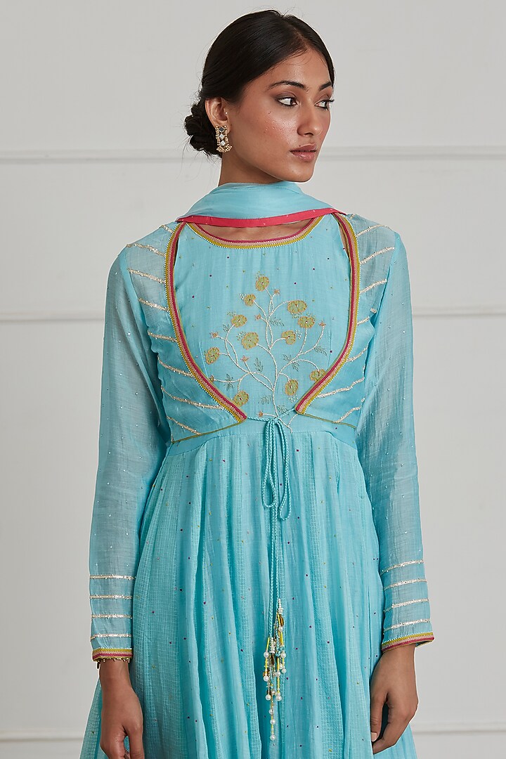 Turquoise Embroidered Party Wear Anarkali Set With Jacket by Label Nimbus at Pernia's Pop Up Shop