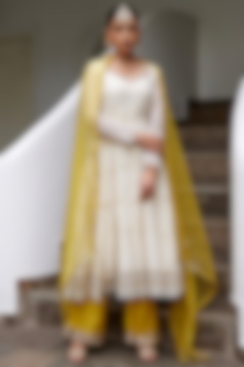 Ivory & Golden Yellow Embroidered Anarkali Set by Label Nimbus