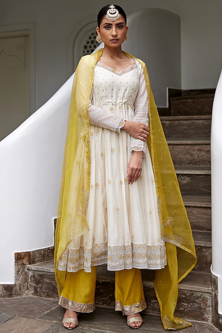 Ivory & Golden Yellow Embroidered Anarkali Set by Label Nimbus