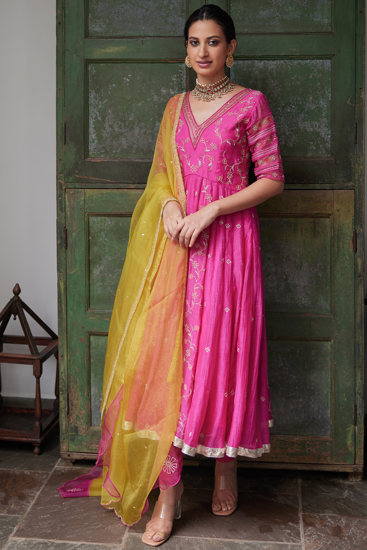 Magenta Hand Embroidered Wedding Anarkali Set by Label Nimbus at Pernia's Pop Up Shop