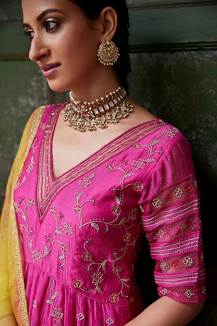 Magenta Hand Embroidered Wedding Anarkali Set by Label Nimbus at Pernia's Pop Up Shop