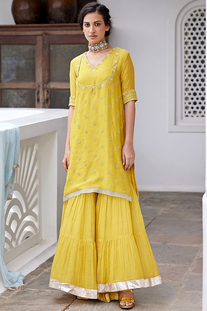 Golden Yellow Chanderi Sharara Set by Label Nimbus