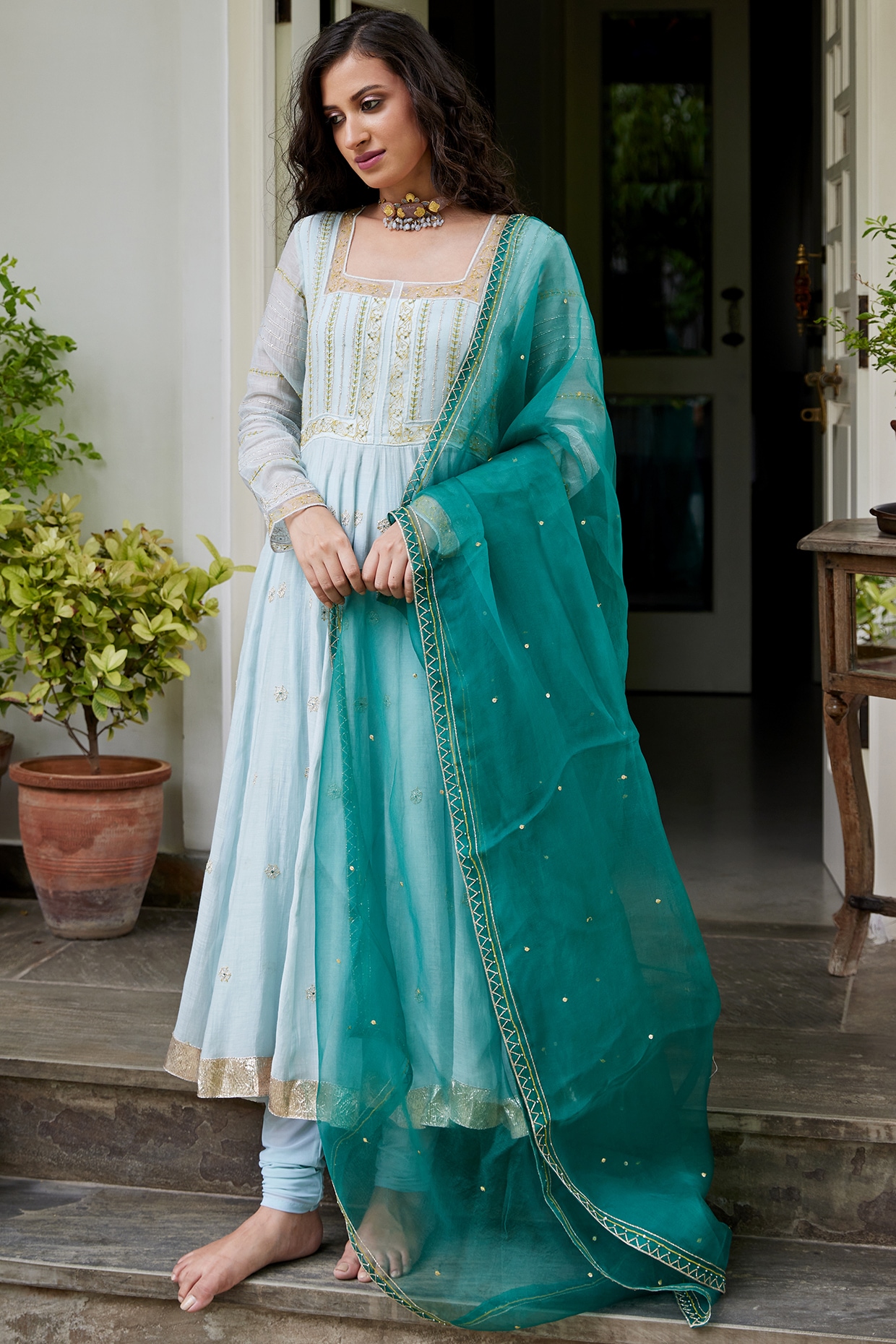 Powder Blue Embroidered Anarkali Set 