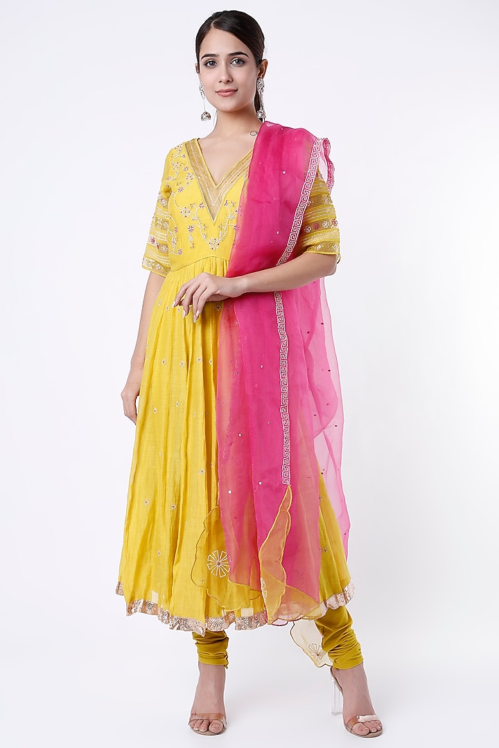 Dandelion Yellow Gota Embroidered Anarkali Set by Label Nimbus