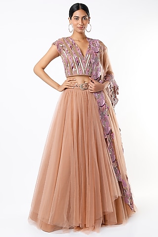 Peach Tulle Lehenga Set With Belt by Nikita Mhaisalkar