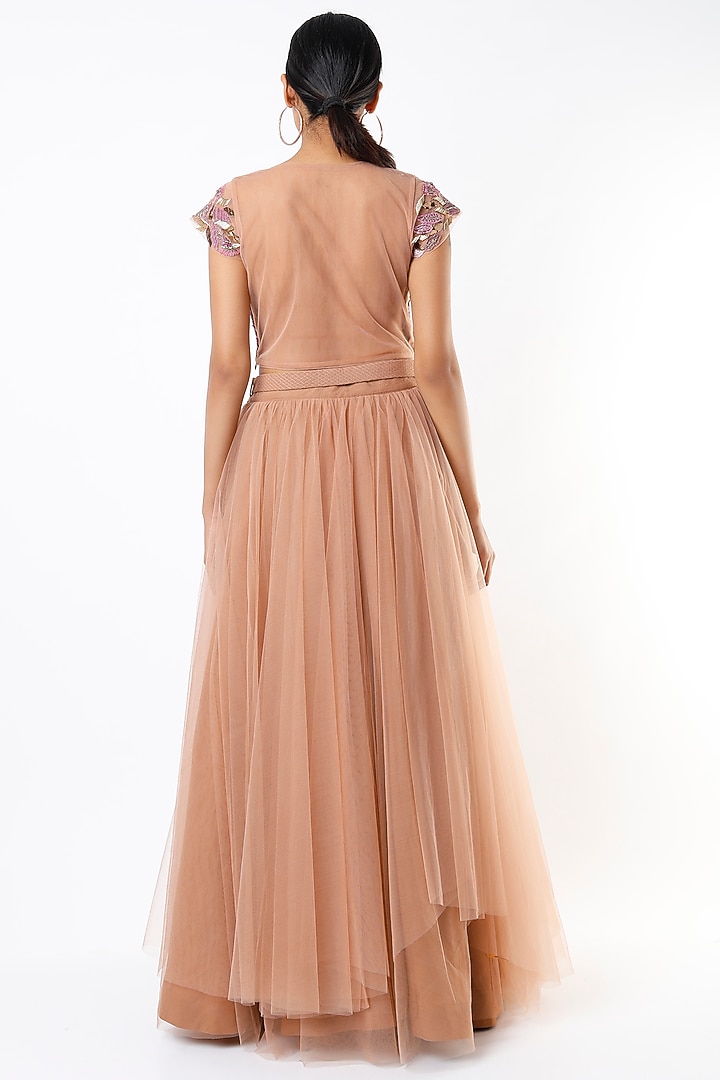 Peach Tulle Wedding Lehenga Set With Belt by Nikita Mhaisalkar at Pernia's Pop Up Shop