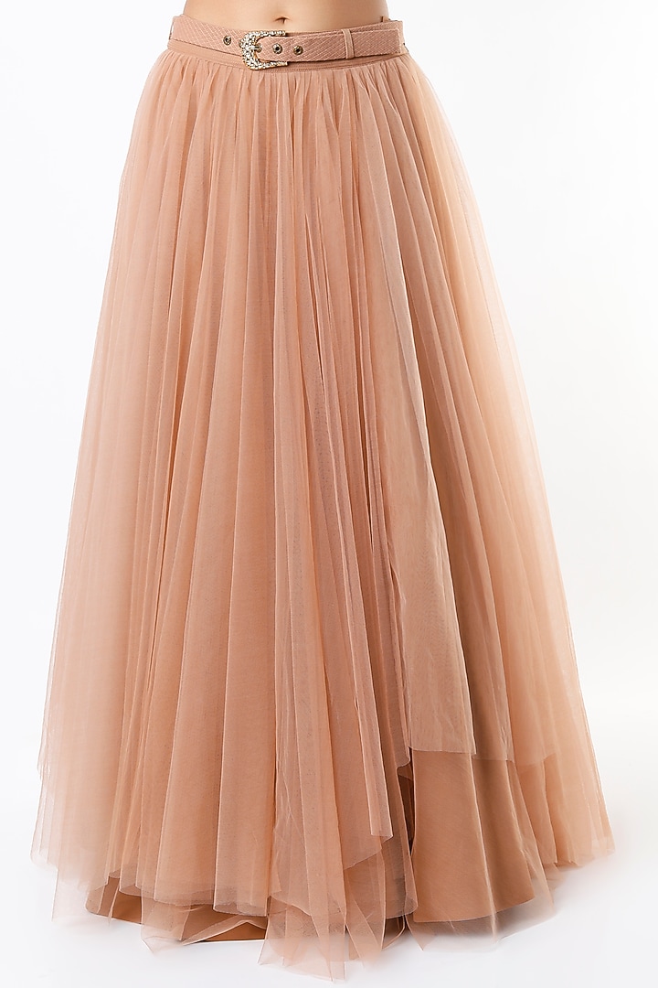 Peach Tulle Wedding Lehenga Set With Belt by Nikita Mhaisalkar at Pernia's Pop Up Shop