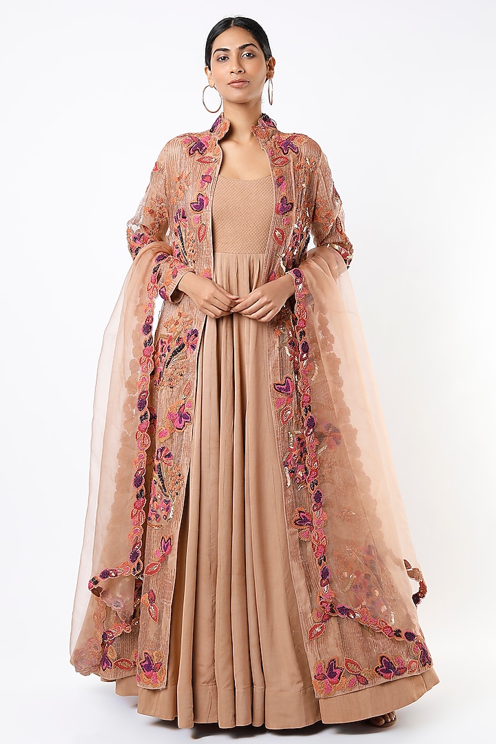 Peach Bridal Anarkali Set With Embroidered Jacket by Nikita Mhaisalkar at Pernia's Pop Up Shop