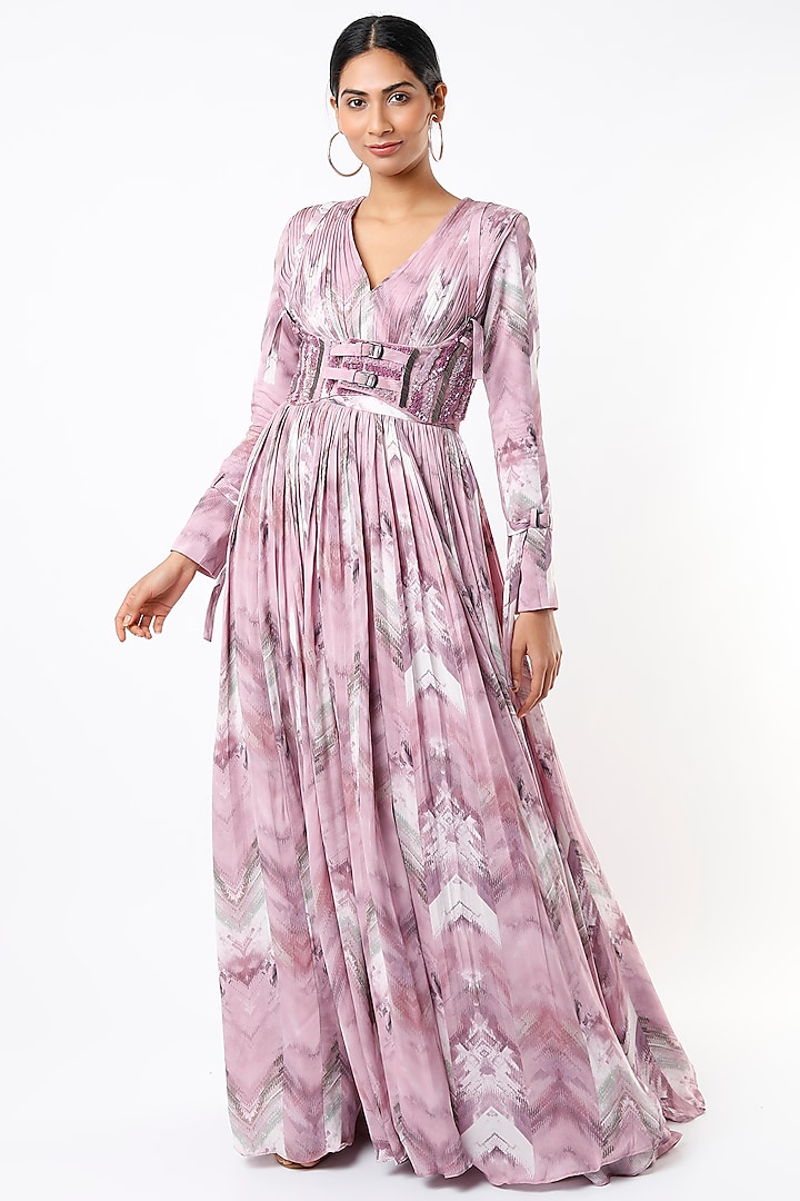 Lilac Printed & Hand Embroidered Maxi Dress by Nikita Mhaisalkar at Pernia's Pop Up Shop