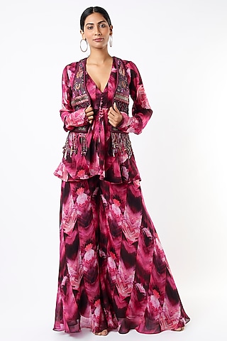 Magenta Organza Printed Sharara Set by Nikita Mhaisalkar
