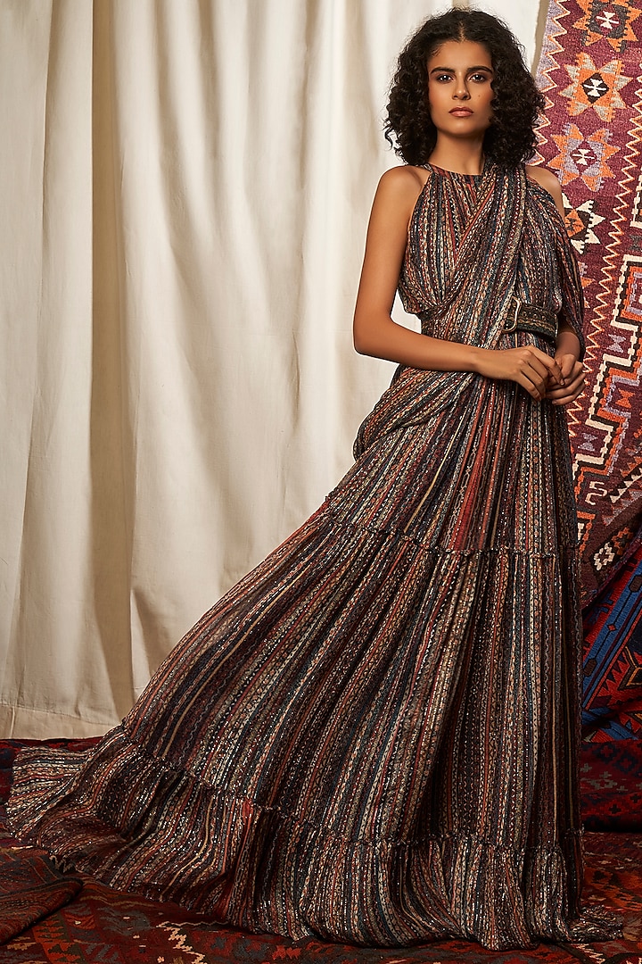 Multi Colored Printed Saree Maxi Dress by Nikita Mhaisalkar