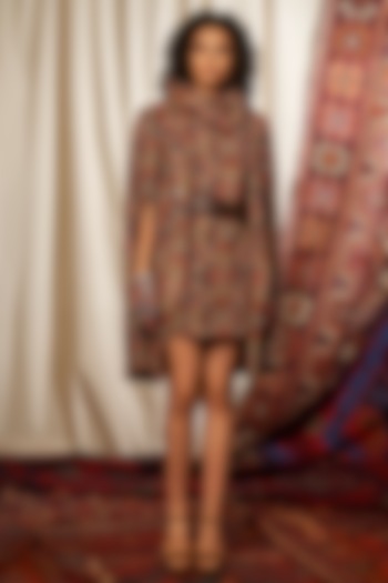 Brick Red Printed Cape Wtih Dress by Nikita Mhaisalkar at Pernia's Pop Up Shop