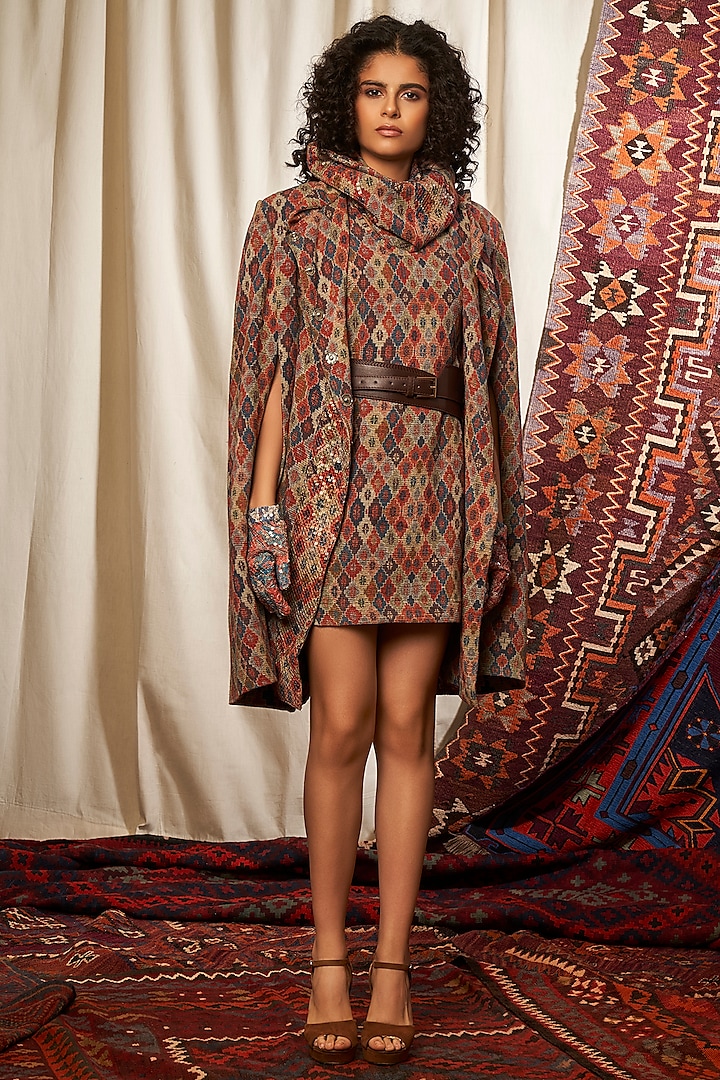 Brick Red Printed Cape Wtih Dress by Nikita Mhaisalkar at Pernia's Pop Up Shop