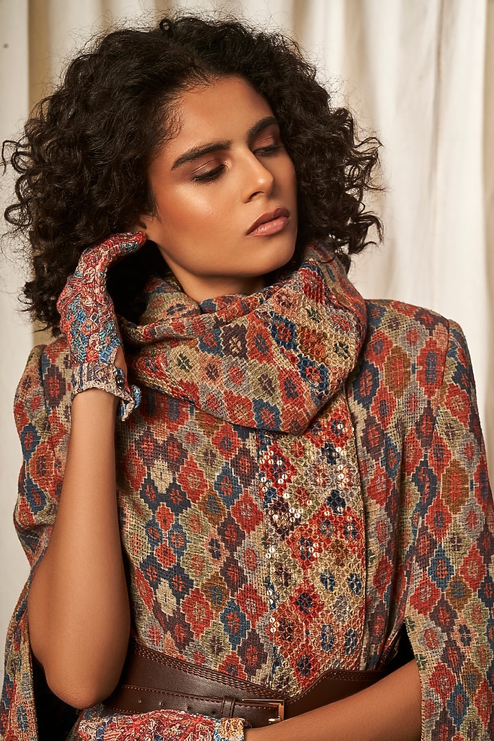 Brick Red Printed Cape Wtih Dress by Nikita Mhaisalkar at Pernia's Pop Up Shop