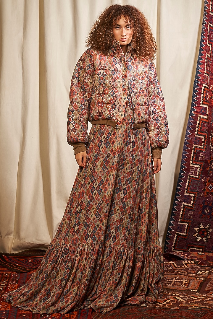 Brick Red Printed Puffer Jacket by Nikita Mhaisalkar at Pernia's Pop Up Shop