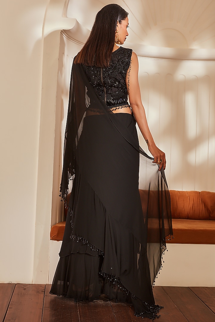 Black Viscose Georgette Ruffled Reception Saree Set by Nikita Mhaisalkar at Pernia's Pop Up Shop