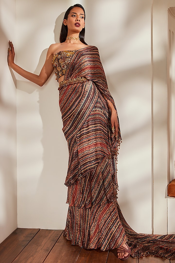 Multi Colored Striped Ruffled Saree Set by Nikita Mhaisalkar