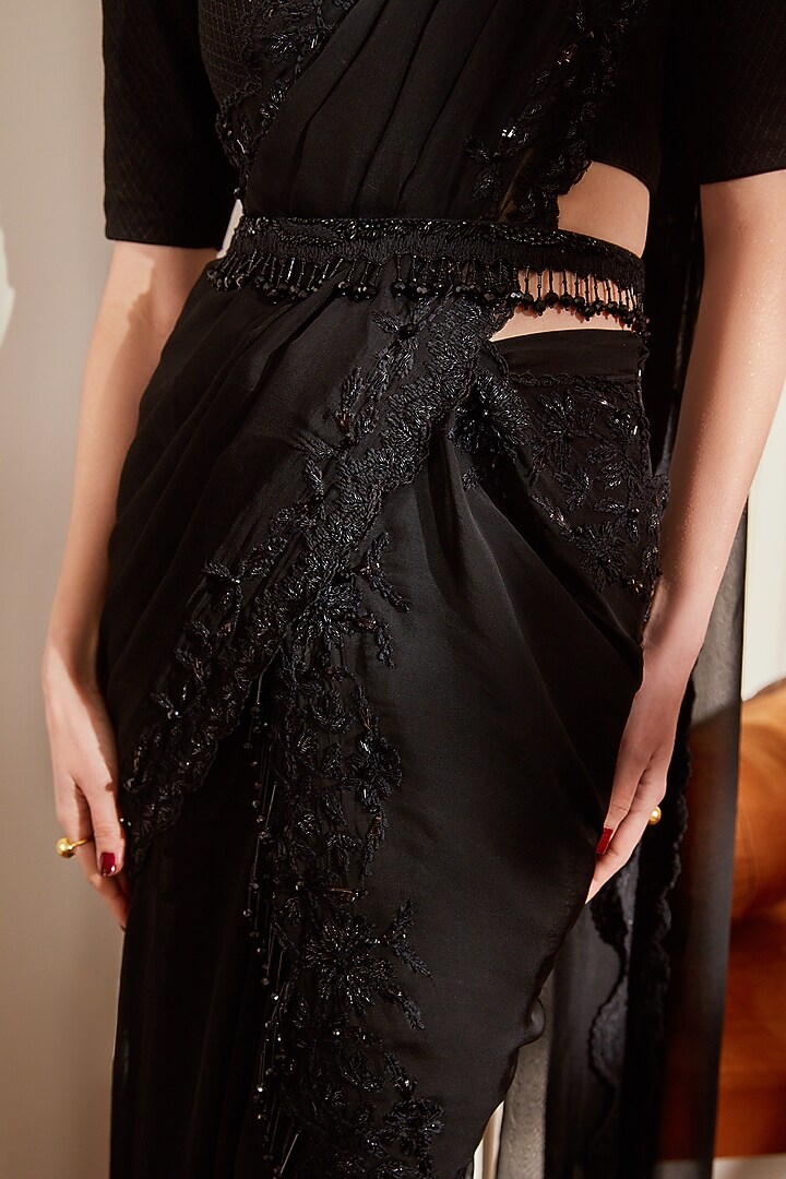 Black Embroidered Draped Reception Saree Set by Nikita Mhaisalkar at Pernia's Pop Up Shop