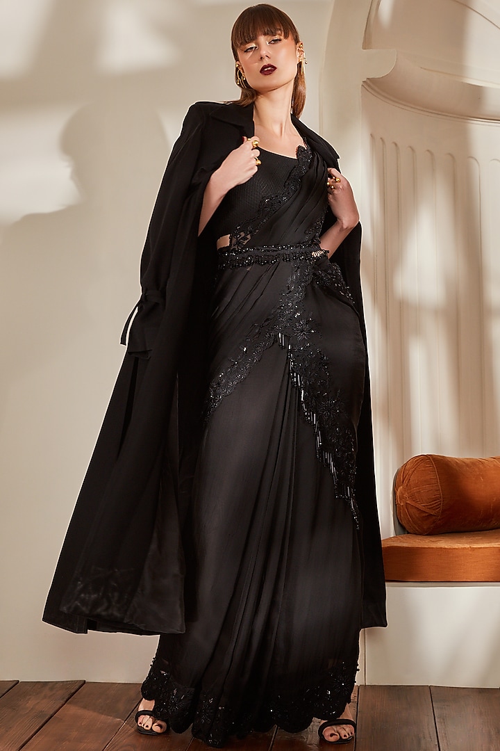 Black Embroidered Draped Reception Saree Set by Nikita Mhaisalkar at Pernia's Pop Up Shop