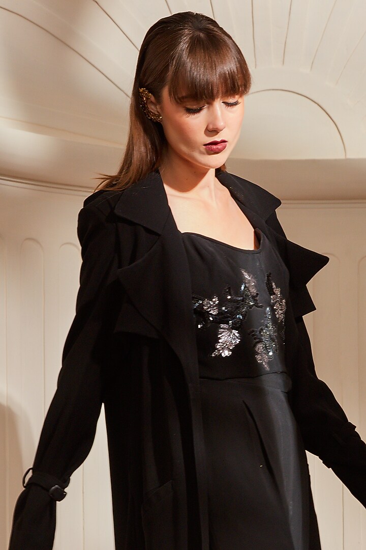 Black Textured Suiting Trench Coat Set by Nikita Mhaisalkar at Pernia's Pop Up Shop