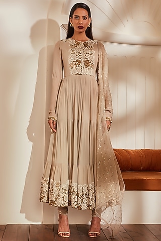 Off White Anarkali Set In Viscose Georgette by Nikita Mhaisalkar