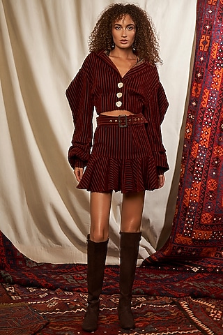 Wine Corduroy Skater Skirt by Nikita Mhaisalkar