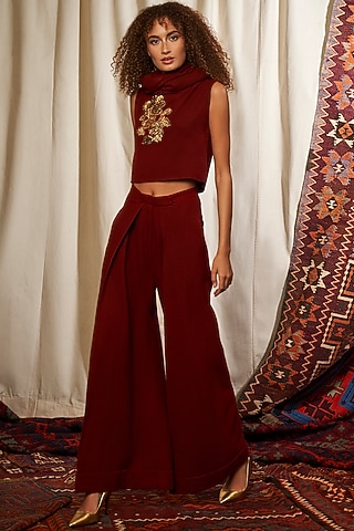 Wine Wide Leg Pants by Nikita Mhaisalkar