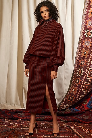 Wine Midi Skirt With Slit by Nikita Mhaisalkar