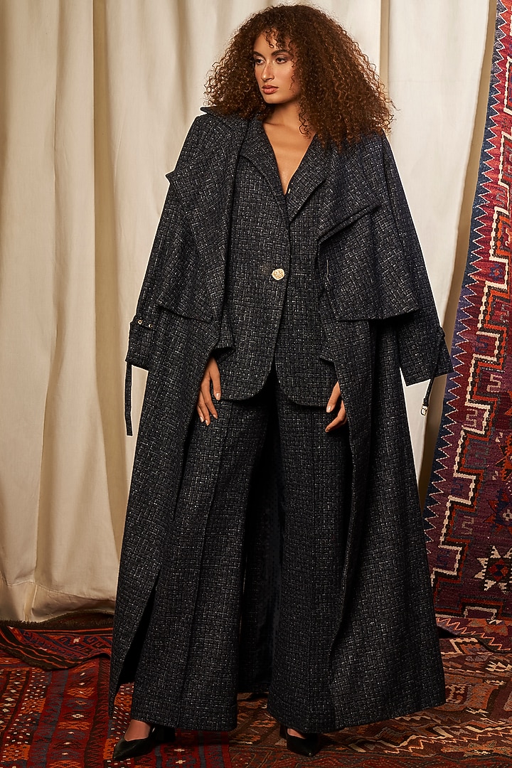 Navy Blue Tweed Blazer by Nikita Mhaisalkar at Pernia's Pop Up Shop