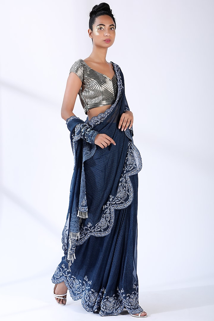 Indigo Blue Embroidered Saree Set by Nikita Mhaisalkar