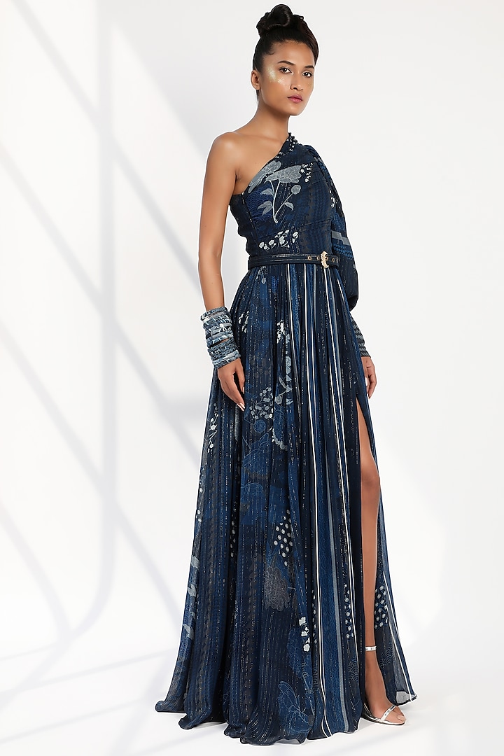 Indigo Blue Printed Dress With Belt by Nikita Mhaisalkar