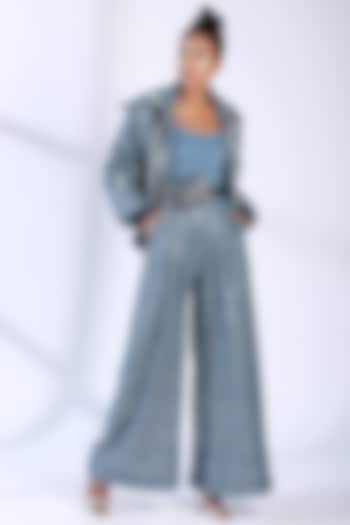 Indigo Blue Printed Bomber Jacket by Nikita Mhaisalkar at Pernia's Pop Up Shop