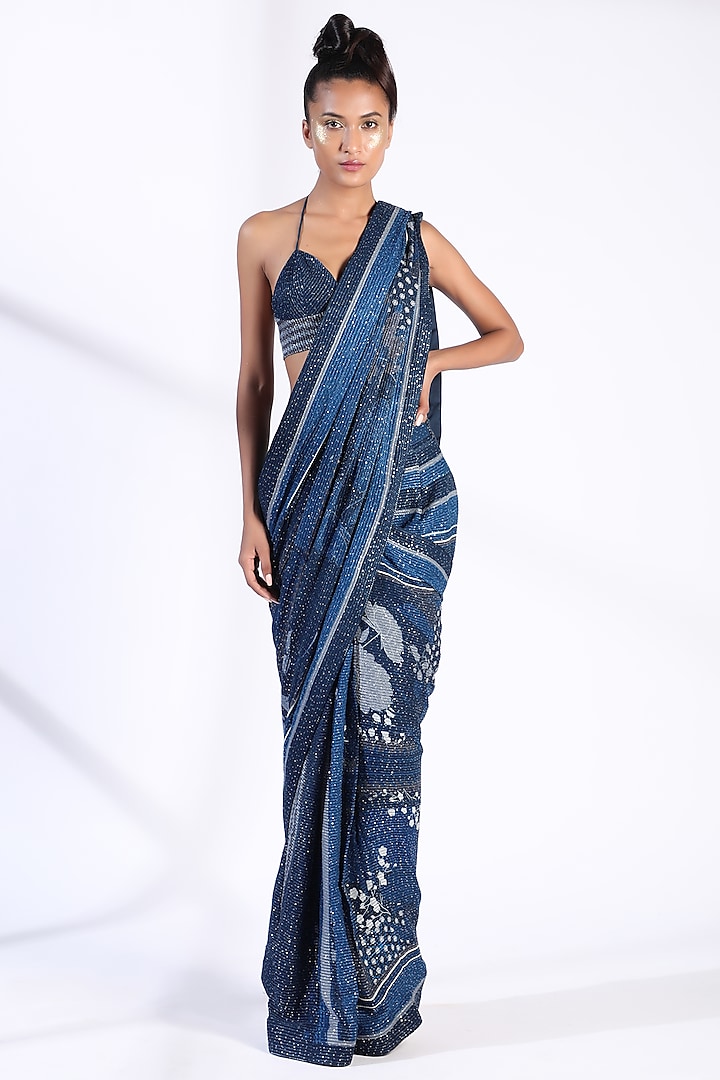 Indigo Blue Printed Saree Set by Nikita Mhaisalkar
