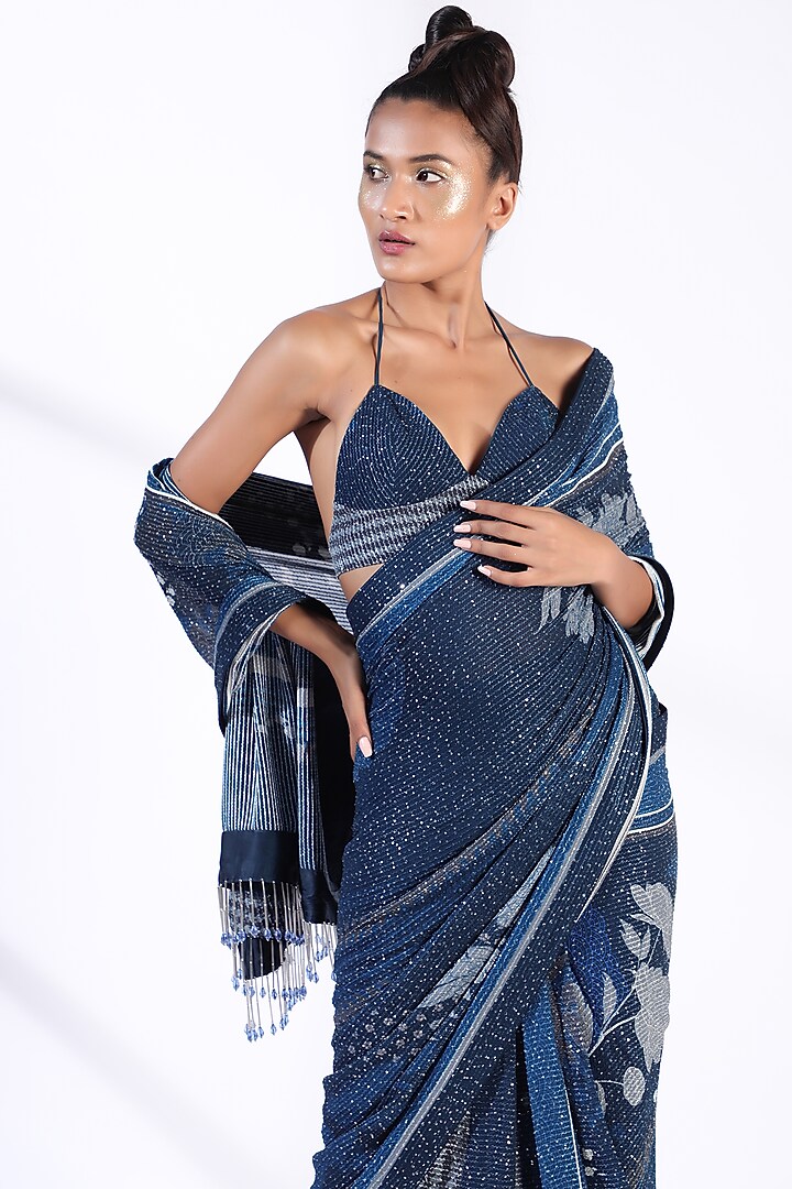 Indigo Blue Sheeted georgette Printed Wedding Saree Set

 by Nikita Mhaisalkar at Pernia's Pop Up Shop