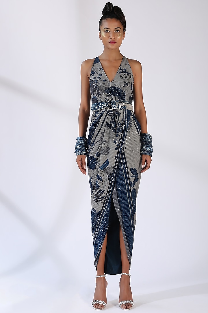 Indigo Blue printed Draped Dress by Nikita Mhaisalkar