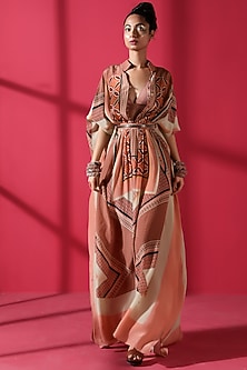 Terracotta Red Embroidered Kaftan With Belt by Nikita Mhaisalkar-KAFTANS