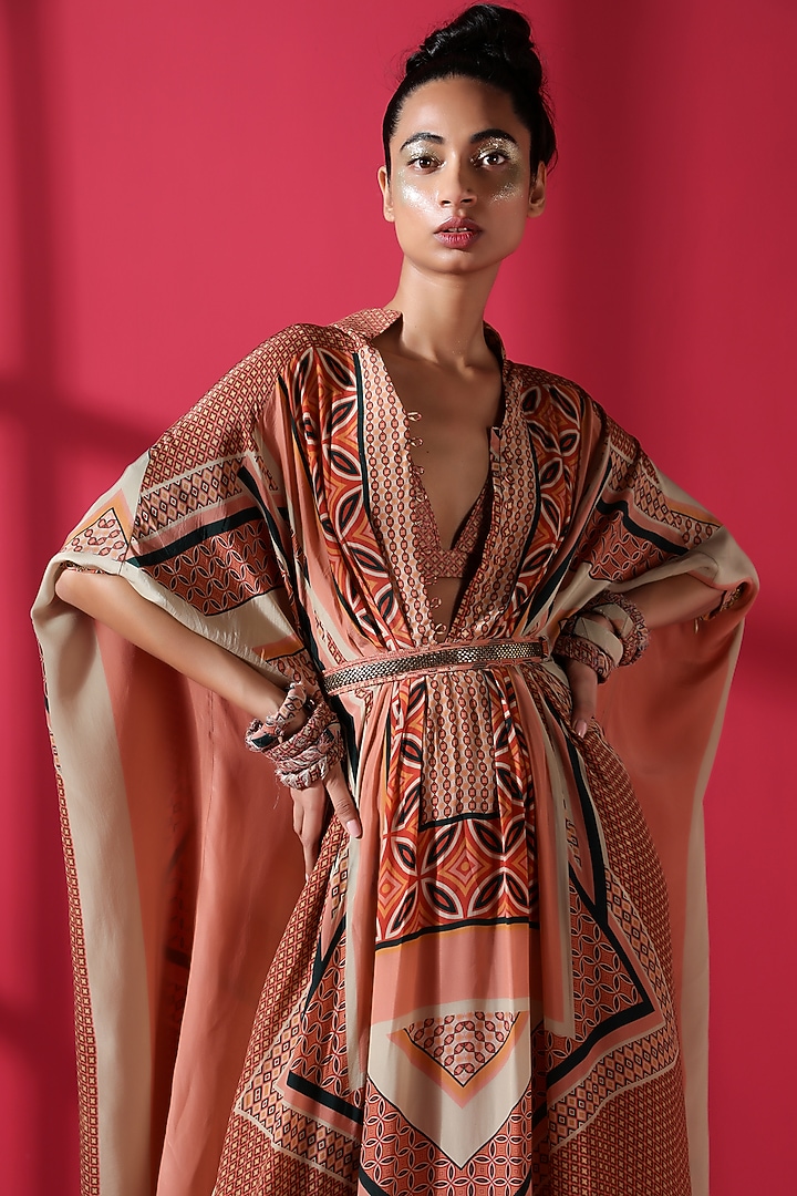 Terracotta Red Embroidered Kaftan With Belt by Nikita Mhaisalkar at Pernia's Pop Up Shop